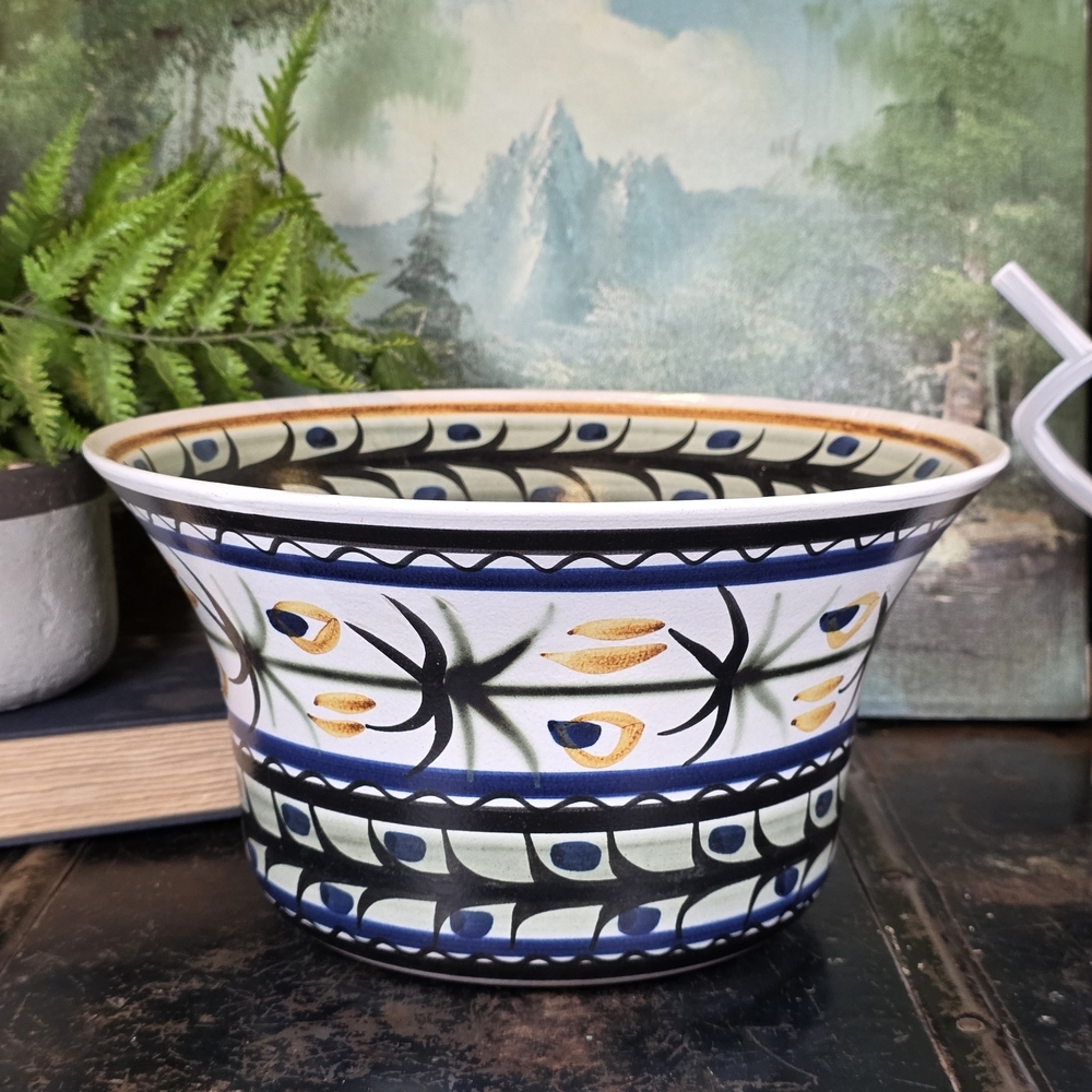 Large Vintage Art Pottery Serving Bowl Hand Painted Tropical Palm Motif 11"